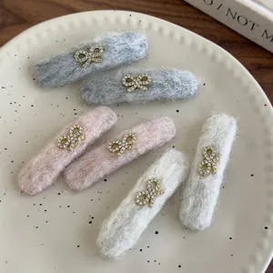 Plush Felt Zinc Alloy Rhinestone Bowknot Hair Clips For Women Sweet Winter Style Korean Ins Fashion Accessories