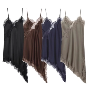 Camicia Da Notte In Raso Con Pizzo Scollo A V Profondo Orlo Asimmetrico Spalline Sottili Abito Elegante Da Donna