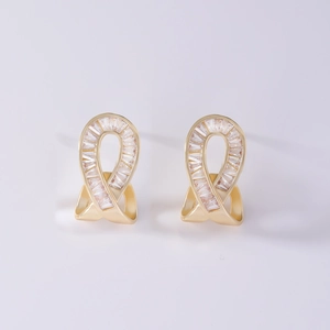 Golden geometric square earrings with twisted teardrop design and zircon stones