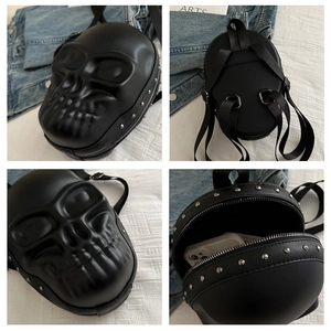 Detailed views of black 3D skull backpack showing interior capacity and punk metal studs