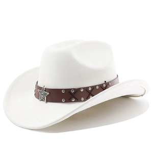 Detail of western cowboy hat with brown leather band, silver rivets and star emblem