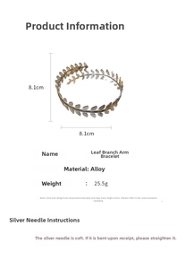 Leaf branch design arm cuff bracelet in gold alloy with 8.1cm diameter measurement