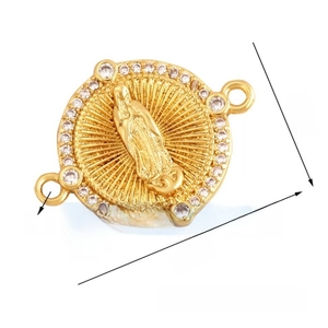 Detailed view of gold plated Virgin Mary religious connector with white zircon inlay