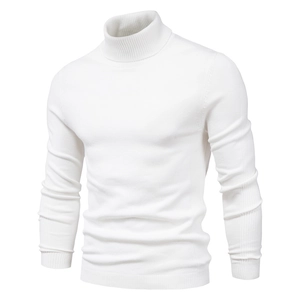 Detail of high turtleneck and fine knit texture on men's white pullover sweater