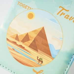 Macro detail of PU leather passport cover with pyramid print and white stitching