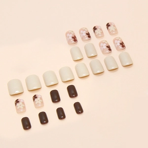 Short square press-on nails set with cream, brown, and floral patterns on 24 pieces