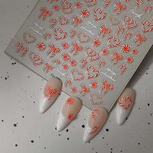 3D Christmas candy nail art stickers with red white heart and bow designs