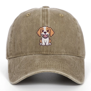 Casquette classique en coton lavé kaki avec broderie détaillée d'un chien dessin