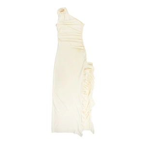 Detail view of light yellow one shoulder maxi dress with side ruffles and waist ruching