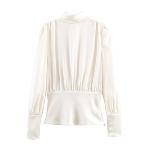 Women Satin Blouse Long Sleeve Mock Neck Bow Tie Backless Pleated Elegant Slim Fit Shirt Top