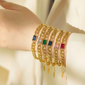 Retro Gold Plated Stainless Steel Cuban Chain Bracelet With Colorful Square Round Zircon For Women Vintage Style