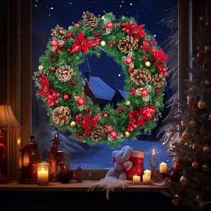 Classic Christmas wreath with red flowers and gold ornaments in a cozy window setting