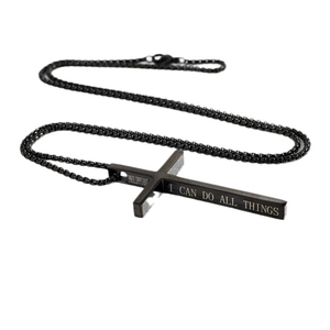 Matte black stainless steel cross necklace with engraved bible verse on long bead chain