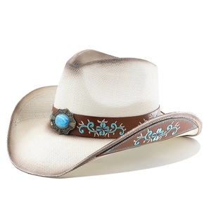Vintage ivory straw cowboy hat with embroidered turquoise band and central stone detail