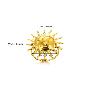 Detail view of gold sun and moon ring with 27mm and 18mm size measurements on white background