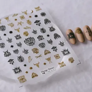 Embossed 3D Nail Art Stickers Retro Totem Greek Mythology Sun Moon Wolf Moth Black Gold Self-Adhesive Manicure Decals