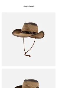 Detail of grey and camel straw cowboy hat with leather band and metal rivets