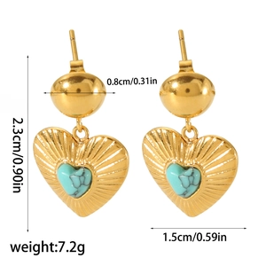 Detail view of heart earrings with turquoise inlay showing size 2.3cm and weight 7.2g