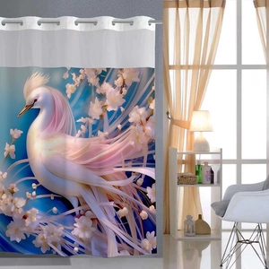 Detail of waterproof shower curtain with pink bird and cherry blossom floral pattern