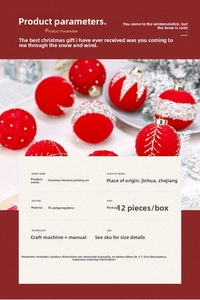 Close-up of red flocked Christmas ornaments with glitter details and material specs