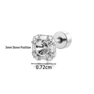 Square titanium steel screw back stud with 3mm stone setting and halo zircon micro-inlay