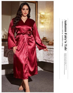 Elegant wine red silk satin long-sleeve robe with waist tie and V-neck for women