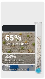 Hybrid cat litter formula with 65% tofu, 33% bentonite and 2% odor control particles