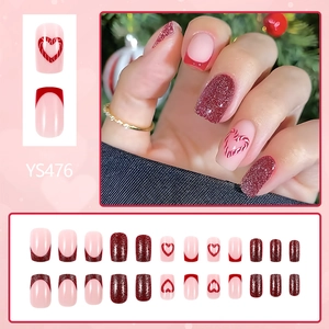 Short square red heart press-on nails with glitter and French tip for Valentine's Day
