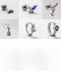 Macro detail of 0.8x6mm titanium steel ear studs with purple zircon butterfly designs