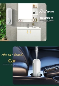Smart mist aroma diffuser shown wall-mounted in restroom and placed in a car cup holder