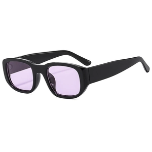 Retro rectangle black sunglasses with purple lenses shown in a side 45-degree angle view