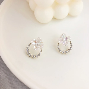 Elegant S925 silver flower stud earrings with shimmering crystals and pearls