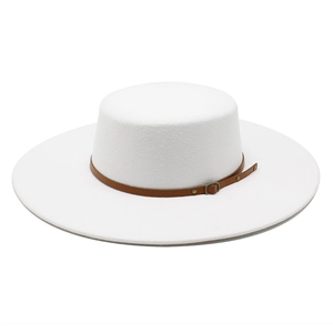 Classic white wool felt flat top boater hat with a brown leather decorative belt strap