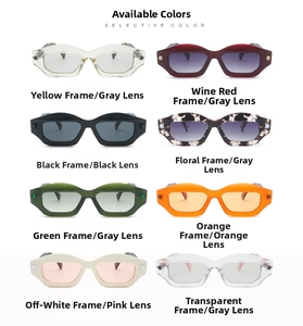 Collection of retro polygonal sunglasses in multiple colors showing frame and lens options