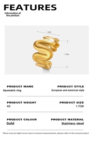 Detailed size specifications for a wave-shaped 18K gold plated stainless steel ring