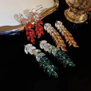 Luxurious gradient leaf fringe earrings featuring multi-color marquise cubic zirconia stones