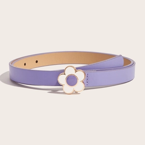 Purple PU leather kids belt with a white and purple flower metal buckle on beige background