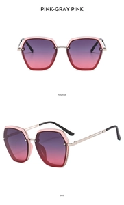 Front and side views of pink metal sunglasses with pink-gray gradient lenses