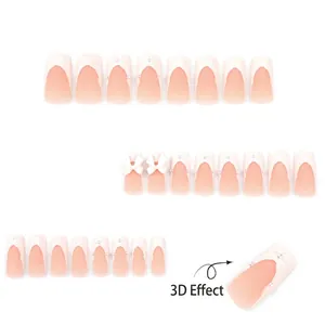 Matte French press-on nails with 3D white flowers and bow design in a full set