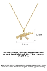 Detail of gold AK-47 pendant with micro-pave cubic zirconia on stainless steel chain