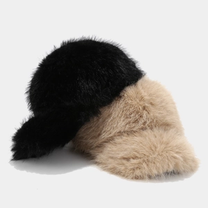 Plush faux fox fur baseball caps in black and beige, thick winter thermal headwear for women