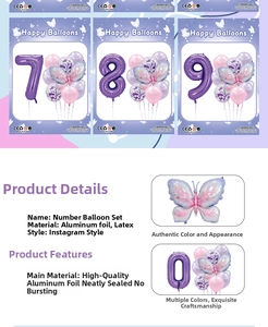 Detail of purple number balloons and iridescent butterfly foil decorations for birthdays