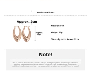Detail view of rose gold teardrop hoop earrings showing 4cm length and iron material specs