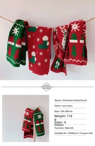 Detail view of red Christmas knit scarf with snowflake patterns, 130x20cm size info