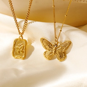Butterfly Square Coin Pendant Necklace 18K Gold Plated Stainless Steel Vintage Embossed Relief Clavicle Chain For Women