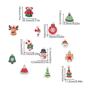 Detailed view of 12 Christmas alloy charms with dimensions in mm and inches