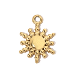 Macro shot of sunburst gold pendant with radial sun ray design on white background