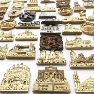 Assorted resin travel souvenir fridge magnets featuring global city landmarks and designs