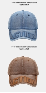 Detail of washed denim baseball caps with 3D ACTION embroidery in blue and brown