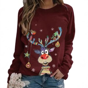 Women's burgundy long sleeve T-shirt featuring a colorful Christmas reindeer graphic print